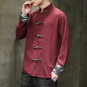 Мужской костюм-рубашка из хлопка и льна, с воротником-стойкой