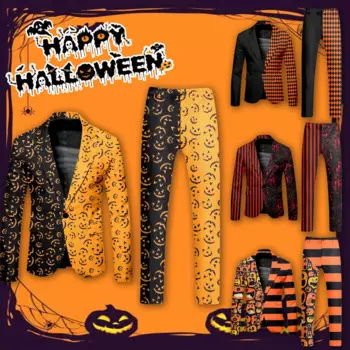 Мужской костюм с принтом на Хэллоуин, пиджак с длинным рукавом и брюки, костюм из двух предметов, повседневный Блейзер на Хэллоуин, мужской костюм в полоску с застежкой, 2024