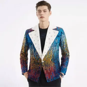 Мужской красочный градиентный блейзер с блестками, модный блестящий пиджак с блестками, мужской сценический костюм певицы, вечерние шоу, смокинг, пальто