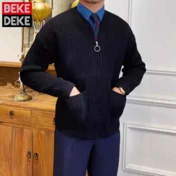 Мужской новый приталенный винтажный Повседневный трикотажный свитер в британском стиле с круглым вырезом и карманами на молнии в Корейском стиле высокое качество модное пальто