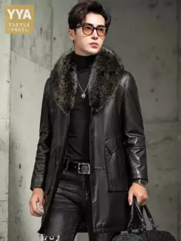 Роскошный деловой мужской зимний рабочий средней длины, толстый теплый пуховик с меховым воротником, однобортный плащ из овчины из натуральной кожи