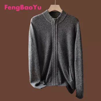 Мужской однотонный кашемировый свитер Fengbaoyu, черный вязаный кардиган на молнии, деловой Повседневный свитер с высоким воротником, Осень-зима 100%