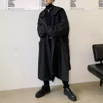 Мужской плащ в темном британском стиле, повседневная длинная куртка с капюшоном, модная элегантная уличная одежда, универсальная куртка, мужская одежда