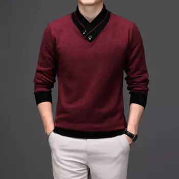 Мужской плотный свитер из 100% шерсти, зимние модные кашемировые свитера с воротником на пуговицах, Облегающий мягкий шерстяной джемпер с длинным рукавом