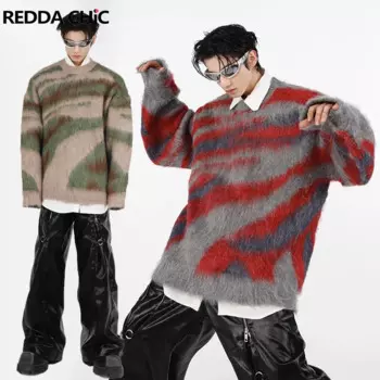 Мужской полосатый мохеровый свитер REDDACHIC с цветными блоками, винтажный пуловер, Свободный Повседневный джемпер, топ на осень и зиму, в эстетике Y2k, трикотажная одежда