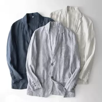 Мужской повседневный блейзер из 100% льна, легкая спортивная куртка стандартного кроя, костюм с двумя пуговицами, мужской свободный костюм, Раздельный по бокам