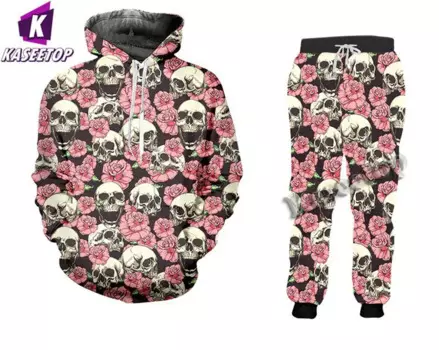 Мужской повседневный комплект KASEETOP из 2 предметов, толстовка с 3D-принтом черепа и штаны для бега в стиле Харадзюку, женский и мужской спортивный костюм оверсайз с розовыми цветами