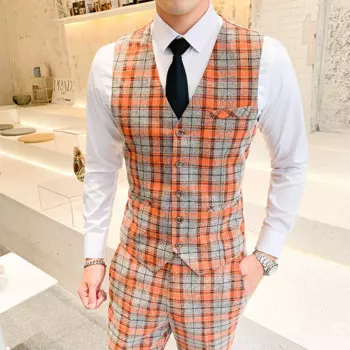 Мужской повседневный костюм, модель 2022 года, костюм в шотландскую клетку на одной пуговице, облегающий костюм на все сезоны, костюм из двух предметов (жилет + брюки)