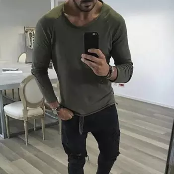 Мужской Повседневный Топ с круглым вырезом, сезон осень-зима, Популярные Молодежные футболки с длинными рукавами сплошного цвета