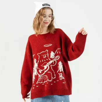Мужской Рождественский Женский вязаный свитер 2022, Зимний пуловер оверсайз с гитарным медведем, модный красный джемпер, Топ с длинным рукавом