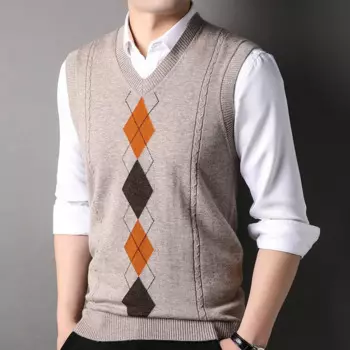 Мужской шерстяной жилет, Осень-зима 2023, жилет без рукавов с V-образным вырезом, утепленный жаккардовый жилет с ромбами, мужской вязаный жилет