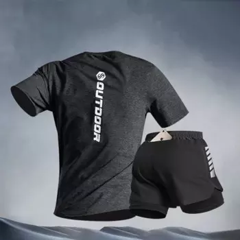 Мужской спортивный комплект с принтом для занятий спортом на открытом воздухе, шорты для занятий атлетикой с эластичным поясом, быстросохнущая дышащая тонкая футболка с коротким рукавом