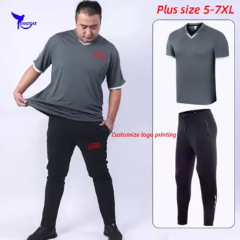 Мужской спортивный костюм, футболка + штаны, Быстросохнущий Спортивный костюм для бега, тренажерного зала, фитнеса, тренировок, размера плюс 7XL, с логотипом на заказ