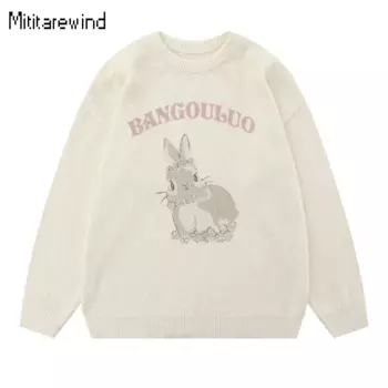Мужской свитер с принтом кролика, свободный трикотажный пуловер с круглым вырезом, Осень-зима