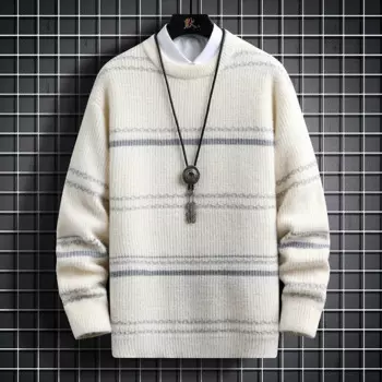 Мужской свитер в полоску, осенне-зимний Повседневный шерстяной пуловер с высоким воротником, 2024