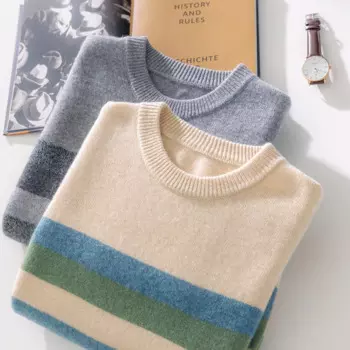 Мужской свитер в полоску, трикотажный пуловер из 100% шерсти, с круглым вырезом