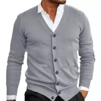 Мужской трикотажный кардиган с V-образным вырезом и длинным рукавом