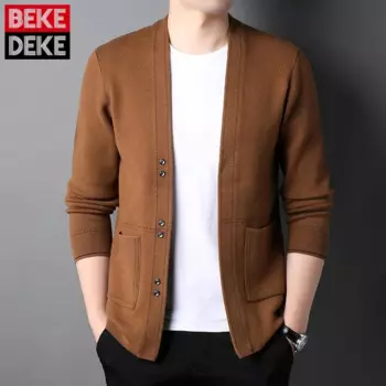 Мужской трикотажный кардиган с V-образным вырезом и длинным рукавом