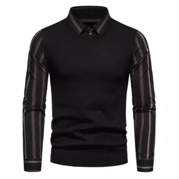 Мужской трикотажный свитер в полоску, с воротником-рубашкой