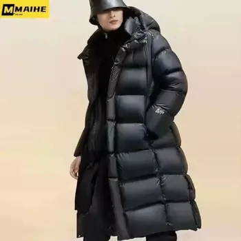 Мужской утепленный пуховик на белом утином пуху, черная длинная Повседневная Верхняя одежда с капюшоном, модный кардиган, Теплая мужская куртка, зима 2024