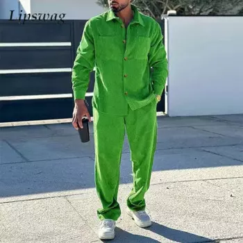 Мужской вельветовый костюм с отложным воротником, Повседневная Однотонная рубашка-карго и брюки, винтажный костюм из двух предметов, осень 2024