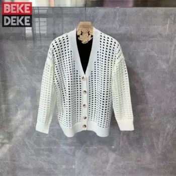 Мужской весенний вязаный кардиган, дизайнерская белая однобортная кофта с вырезами, топы с V-образным вырезом и длинными рукавами, повседневная верхняя одежда, свитера