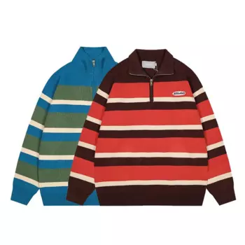 Мужской винтажный Полосатый пуловер с воротником-стойкой и молнией