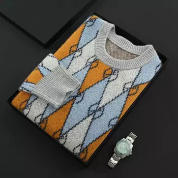 Мужской вязаный пуловер с круглым вырезом, большого размера