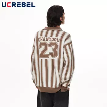 Мужской вязаный жаккардовый свитер в полоску, с длинным рукавом