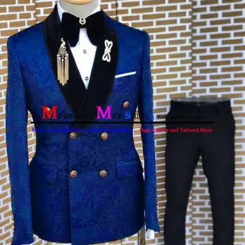 Мужской Жаккардовый костюм, облегающий костюм для жениха из 3 предметов, Блейзер, жилет, брюки, свадебные костюмы, королевский синий, 2023