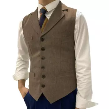 Мужской жилет, коричневый однотонный жилет с узором «елочка», воротник-стойка для свадьбы, делового банкета, рабочий комплект, мужской костюм, жилет
