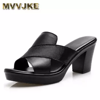 MVVJKE/женские тапочки из натуральной кожи, женская обувь на высоком каблуке, летние женские удобные нескользящие тапочки, женские большие размеры
