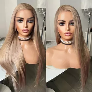 MXWIGS пепельный блонд прямой синтетический кружевной передний парик для женщин Мягкий Косплей 26 дюймов длинный бесклеевой предварительно выщипанный термостойкий