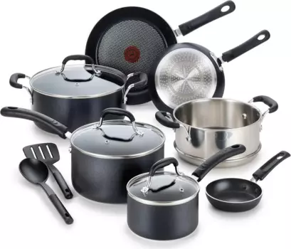 Набор Антипригарной Посуды T-fal из 12 предметов, безопасная для индукции и духовки до 350 °F, включает сковородки, кастрюли, стоптер, посуду, черный цвет