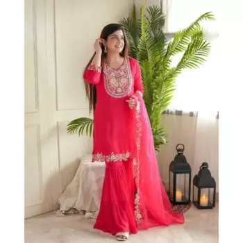 Набор для вышивки красного цвета Kurti Sharara с комплектом Dupatta, женский розовый комплект Sharara