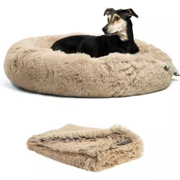 Набор комплектов The Original Calming Shag Donut Cuddler Кровать для кошек и собак + одеяло для домашних животных Cotton Candy Pink Large 36 дюймов
