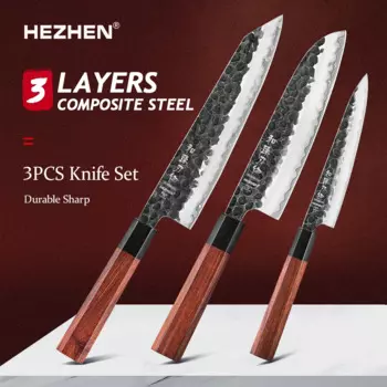 Набор кухонных ножей HEZHEN 1-3 шт., шеф-повар 8 дюймов, 6 дюймов, утилита из нержавеющей стали, 3-слойные композитные стальные кухонные аксессуары для приготовления пищи