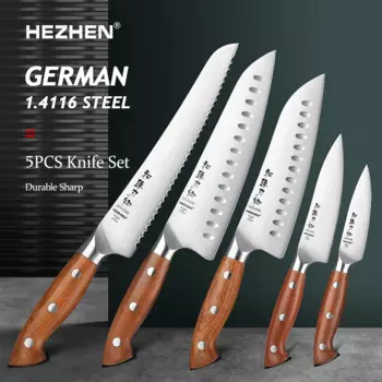Набор кухонных ножей HEZHEN, 5 шт., немецкий, Din, 1.4116 сталь, красная деревянная ручка, кухонный нож шеф-повара, острые инструменты, подарочная коробка