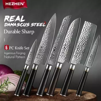Набор кухонных ножей HEZHEN из дамасской стали, 6 шт.