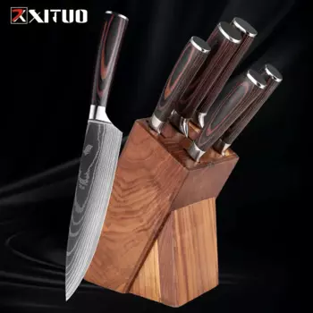 Набор кухонных ножей XITUO Sharp 6 шт. включает в себя шеф-нож, нож для хлеба, нож для костей, нож для фруктов, Держатель ножей из массива дерева