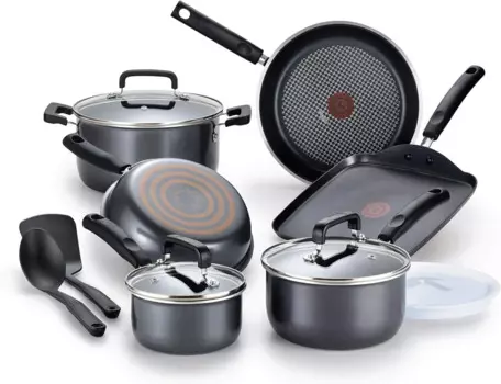 Набор посуды с антипригарным покрытием T-fal Signature, 12 предметов, безопасный для духовки, кастрюли и сковороды 350F, можно мыть в посудомоечной машине, черный