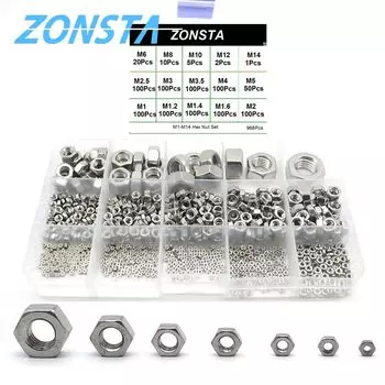 Набор шестигранных гаек 968 шт. M1 M1.2 M1.4 M1.6 M2 M2.5 M3 M3.5 M4 M5 M6 M8 M10 M12 M14 Гайки 304 Набор из нержавеющей стали DIN934