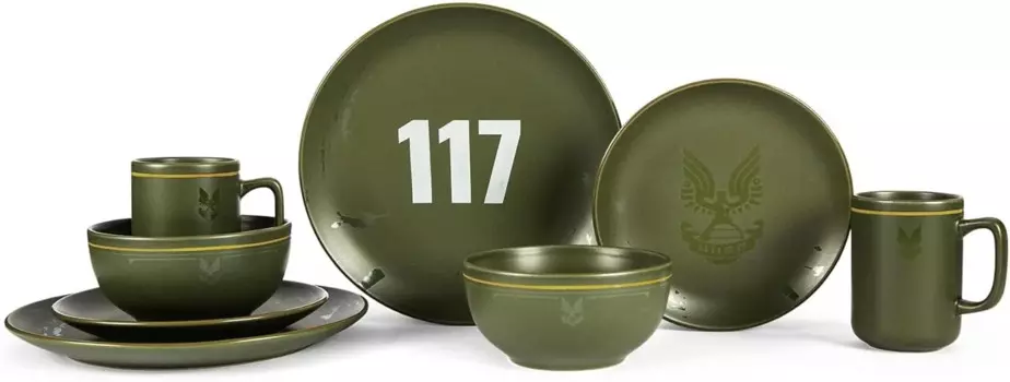 Набор столовой посуды Master Chief 117, 8 предметов, каменная посуда | Видеоигра-Themed Kitchen | В комплект входят тарелки для ужина и салатов, миски для супа,