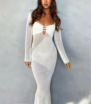 Накидки для бикини с длинным рукавом, пикантное Пляжное Платье макси с открытой спиной, летний купальный костюм, купальник, Женский вязаный купальник