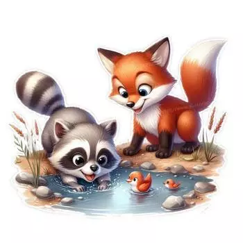 Наклейка на стену «Дружба» лиса и енот S452