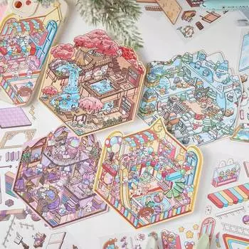 Наклейки для ландшафтного дизайна, милый миниатюрный парк развлечений, Сакура, горячий источник, ледяной мир, сцена, сложенные наклейки для студентов в кабине