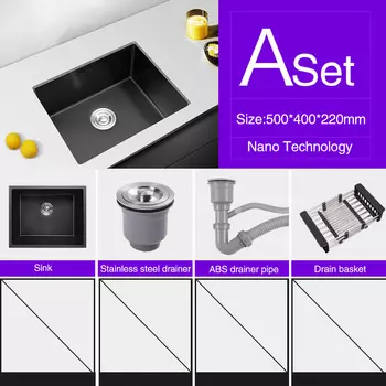 Нанометр для кухонной раковины, антибактериальная черная сливная корзина из нержавеющей стали 304 для одной кухонной раковины и сливная труба