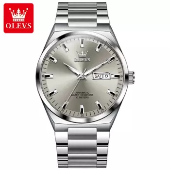 Наручные часы OLEVS, серебристо-серый циферблат, автоматические механические наручные часы для мужчин, повседневные спортивные часы со светящимся циферблатом, мужские часы