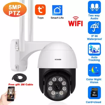 Наружная IP-камера 5MP Tuya WiFi PTZ с автоматическим отслеживанием и цветным ночным видением для беспроводной домашней камеры видеонаблюдения