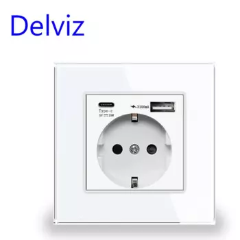 Настенная розетка Delviz USB Type C, 5 в 2100 мА с двумя usb-портами, белая закаленная прозрачная стеклянная панель, розетка европейского стандарта 16 А